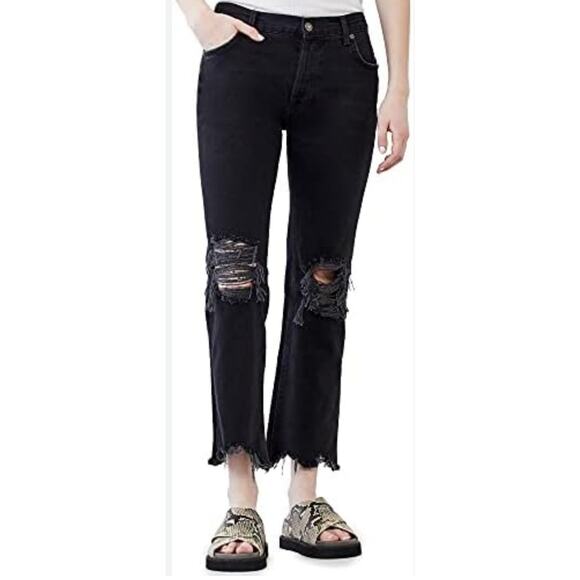 We the Free Women 28 Black Button Fly Distressed "Maggie" Cotton Denim Jeans - Picture 1 of 8